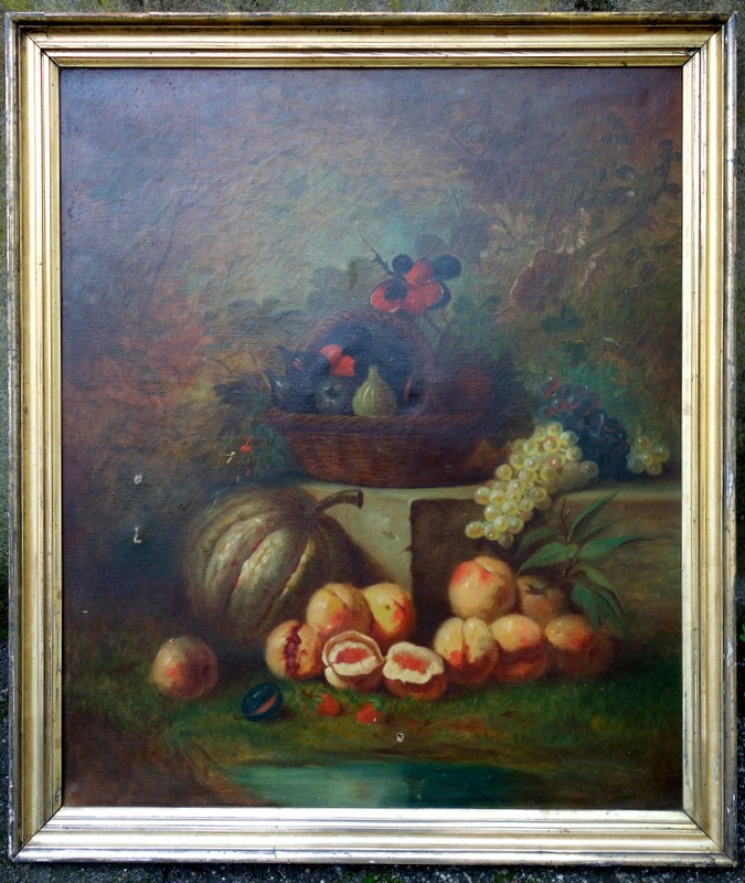 Large "morteau Nature With Autumn Fruits" Late 19th Century