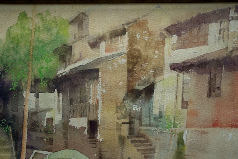 "BATEAU CHINOIS sur le CANAL" Aquarelle Signée ...CHINE vers 1950/60-photo-2