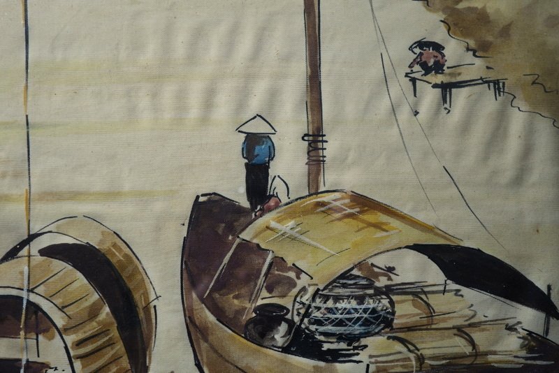 "BATEAUX VIETNAMIENS" Soie Signée et Tampon...Indochine vers 1950-photo-3