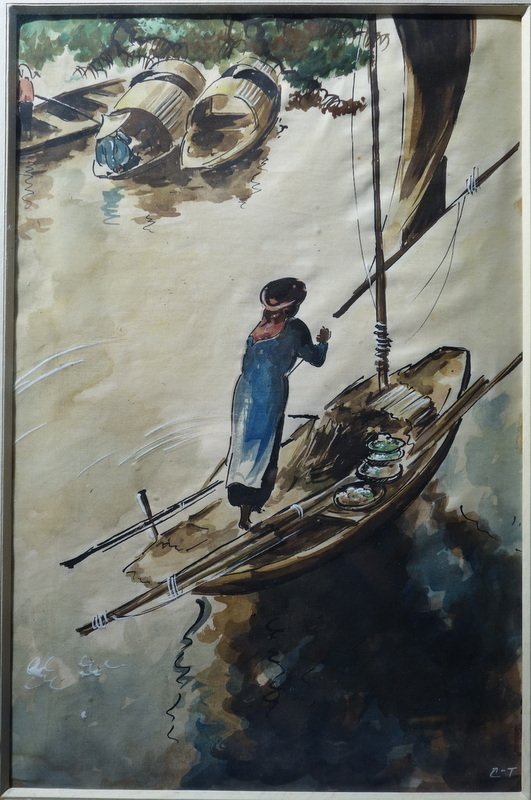 "Vietnamienne sur son Bateau" Soie Signée et Tampon ,INDOCHINE 1950-photo-2