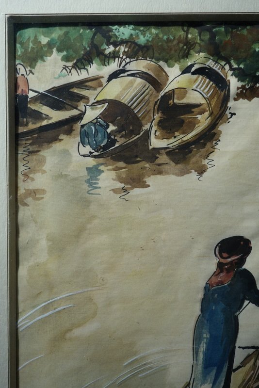 "Vietnamienne sur son Bateau" Soie Signée et Tampon ,INDOCHINE 1950-photo-4