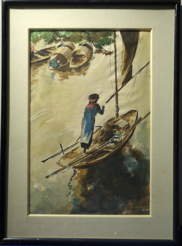 "Vietnamienne sur son Bateau" Soie Signée et Tampon ,INDOCHINE 1950
