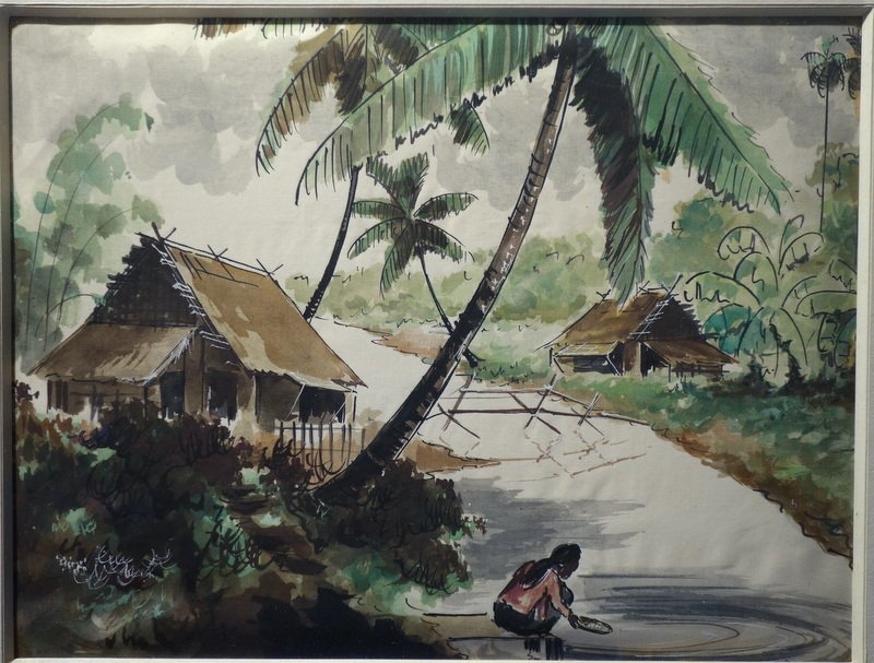 "Au Bord de la Riviére " Soie ..INDOCHINE, VIETNAM vers 1950-photo-2