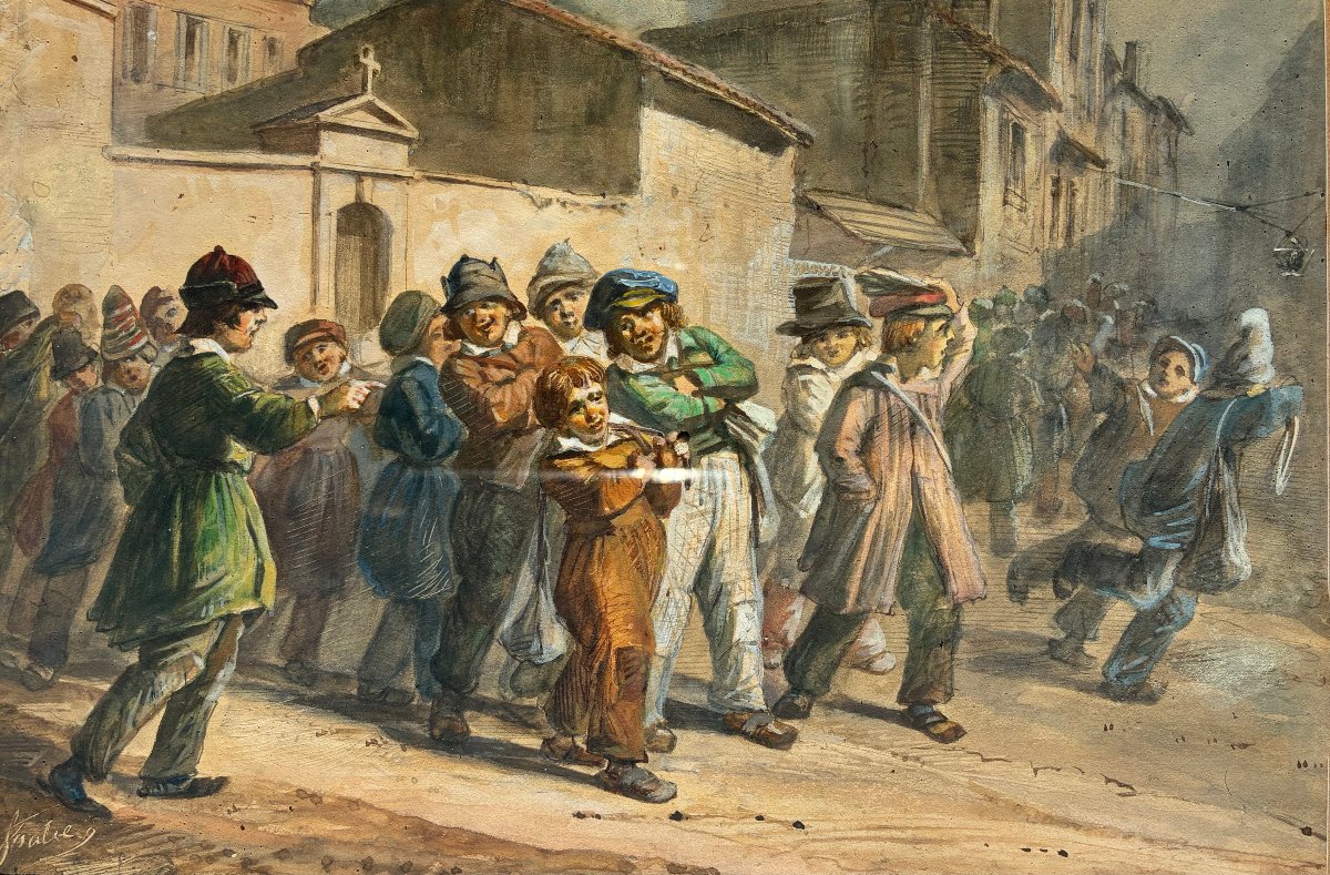 "SORTIE d'ECOLE" Gouache  Léon SOULIE ,TOULOUSE vers 1840/50-photo-2