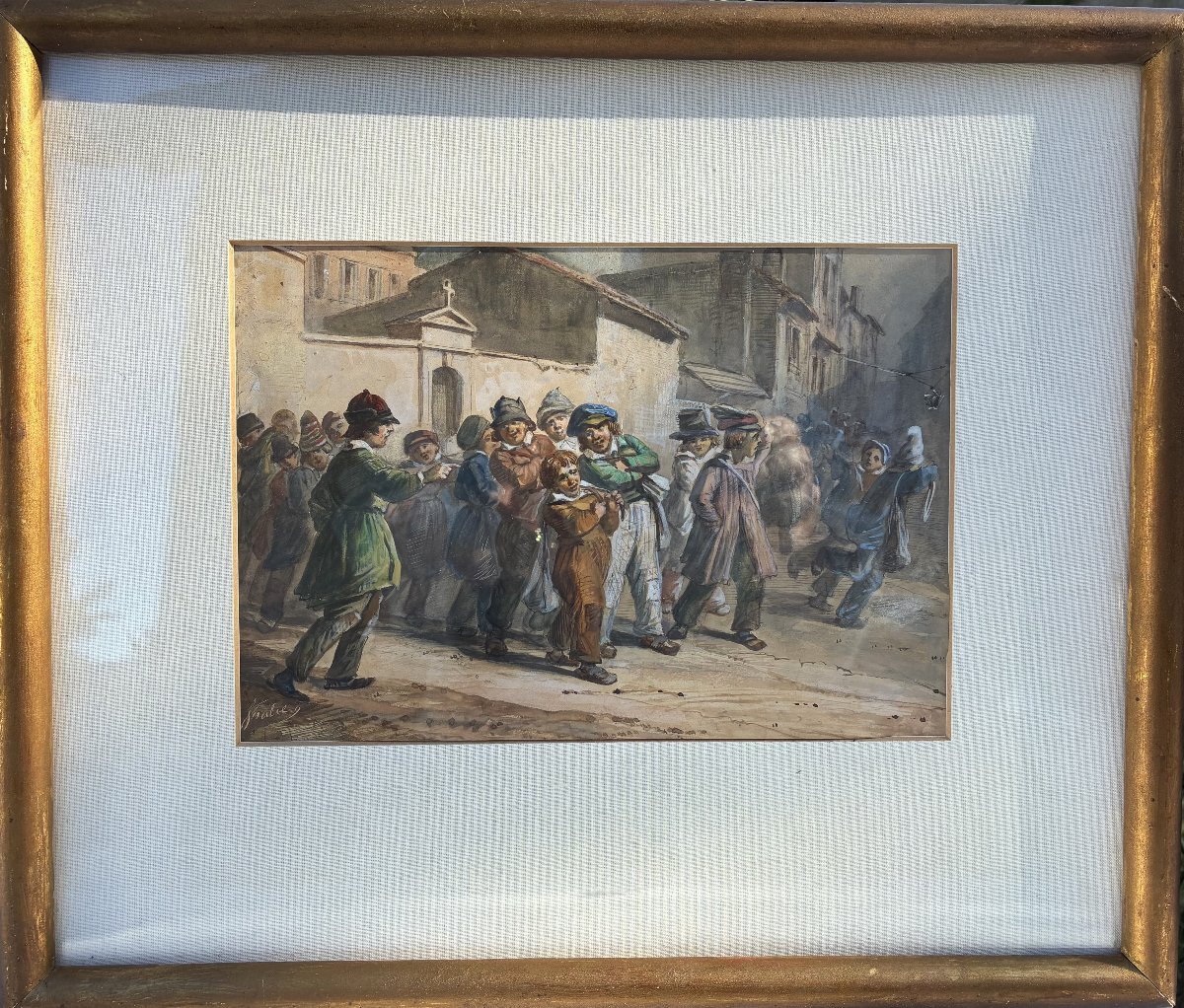 "SORTIE d'ECOLE" Gouache  Léon SOULIE ,TOULOUSE vers 1840/50