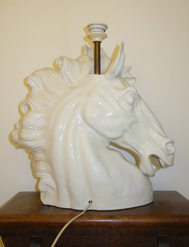 "horse Head" Lamp Base, White Ceramic, Circa 1970-photo-2