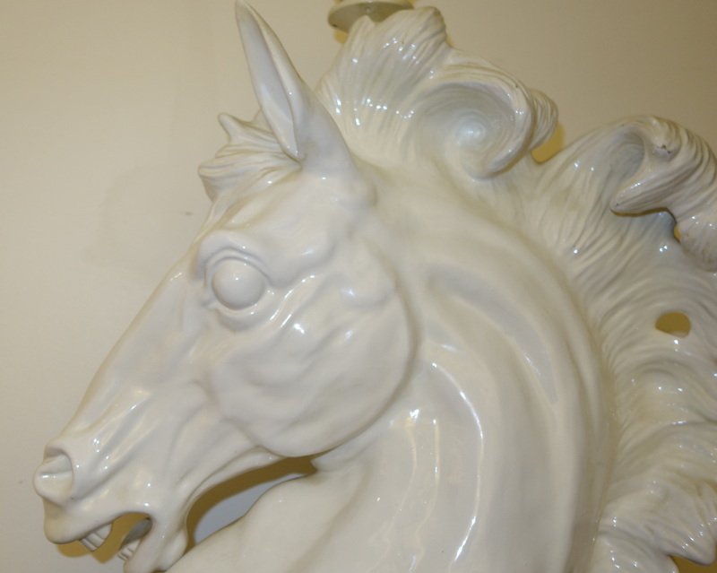 "horse Head" Lamp Base, White Ceramic, Circa 1970-photo-3