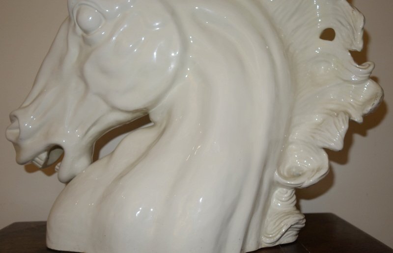"horse Head" Lamp Base, White Ceramic, Circa 1970-photo-1