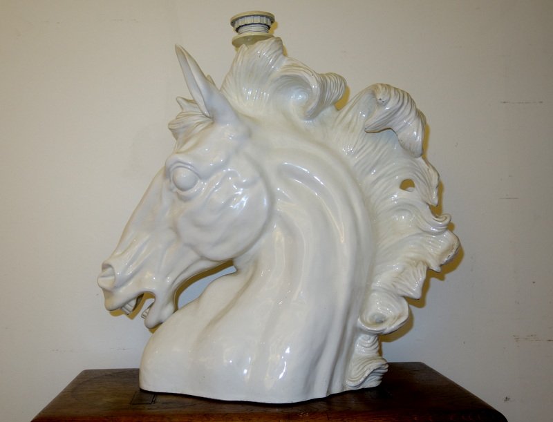 "horse Head" Lamp Base, White Ceramic, Circa 1970