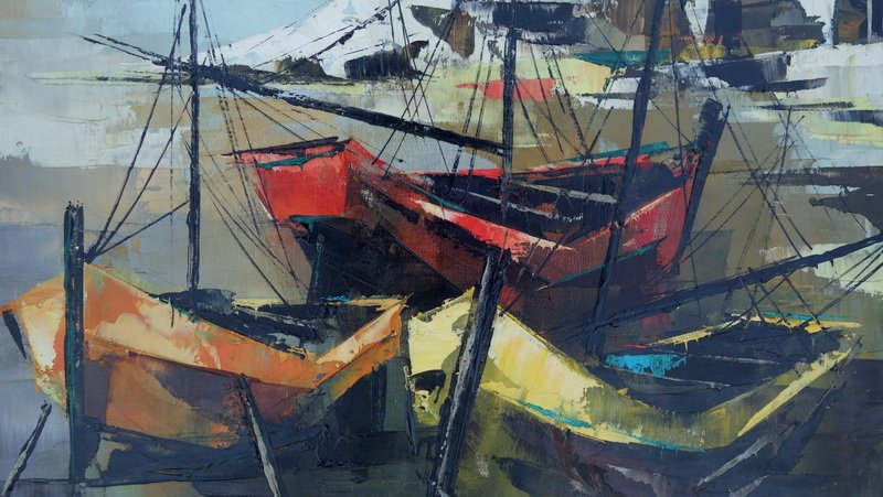 "colorful Boats" By Jean Amiot ... Brittany, Circa 1960-photo-2