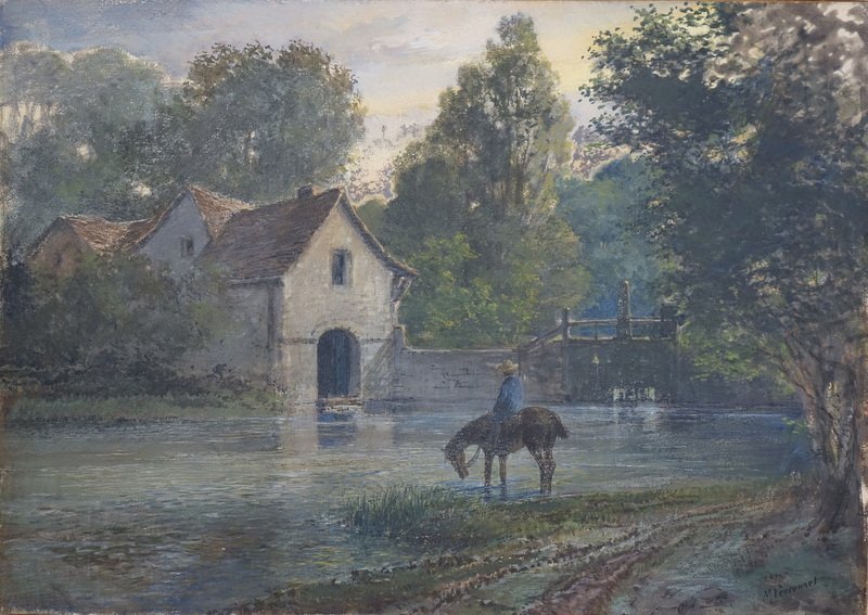 "rider In Front Of The Mill" Watercolor By Maurice Perronnet-photo-2