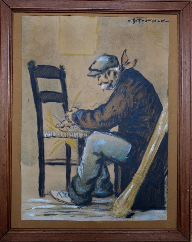"LE REMPAILLEUR " Fusain par Georges TOURNON vers 1940/45