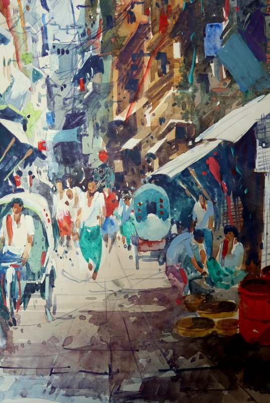 "RUE Commerçante ANIMEE " Aquarelle par MATIURT ...INDONESIE-photo-3