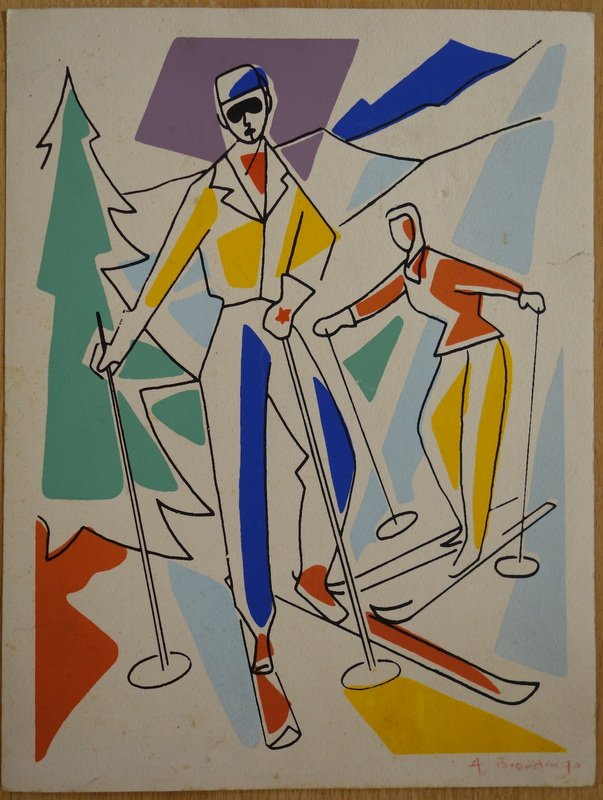 "Les SKIEURS" Pochoir par A.BEAUDIN ...1970