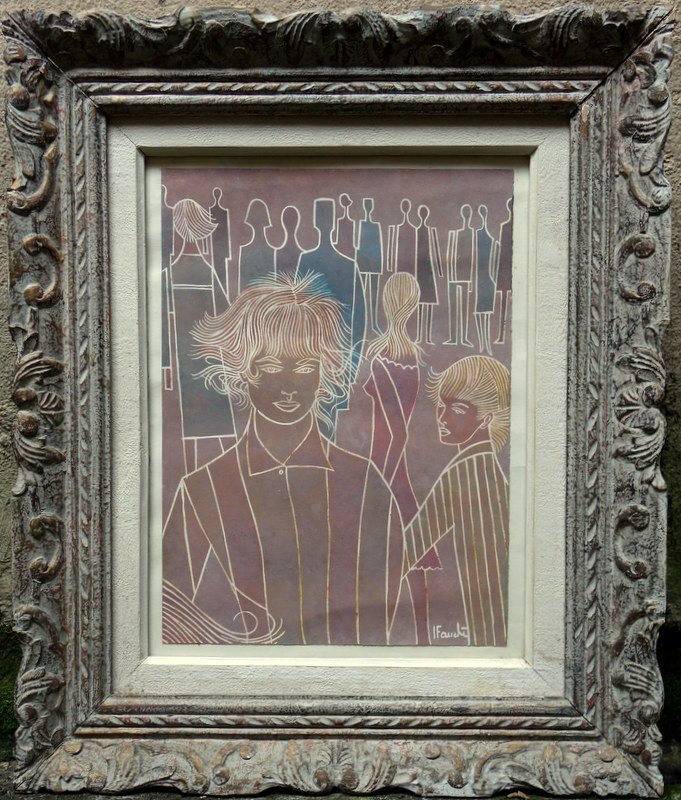 "PERSONNAGES " Gouache par Jacques FAUCHE vers 1960/70