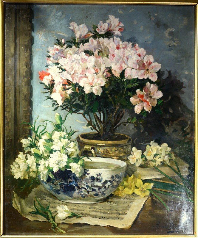 "Rhododendrons, Oeillets, Jonquilles" Marie PERREAU vers 1900-photo-2