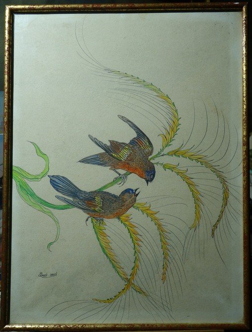 "couple Of Exotic Birds" By H. Gasset-ousset Circa 1950