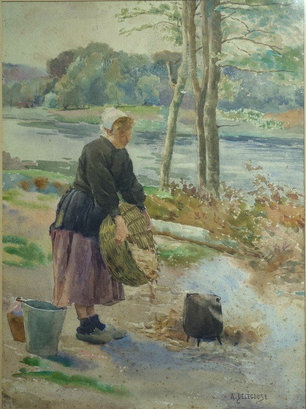 "bretonne Starting A Fire" By Auguste Delecluse Circa 1900