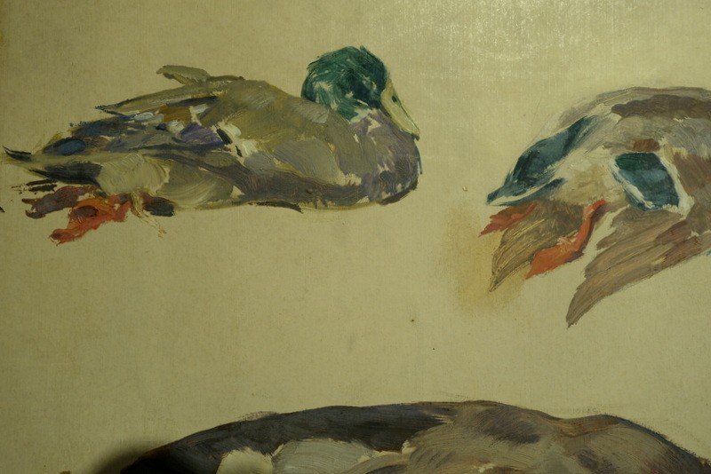 "studies Of Ducks" Oil On Cardboard By Roger Godchaux-photo-4