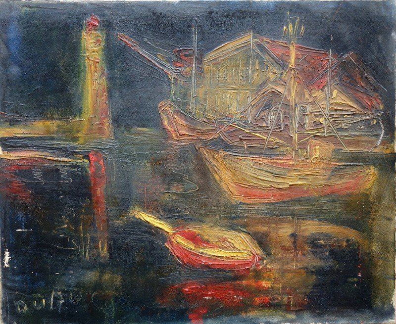 "Le Port de Nuit" par Roland DUBUC vers 1960