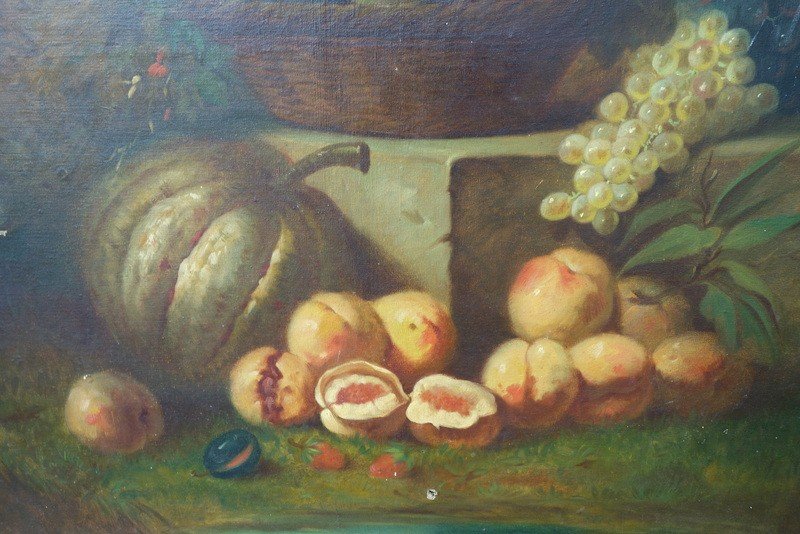 Large "still Life With Autumn Fruits" Late 19th Century-photo-3