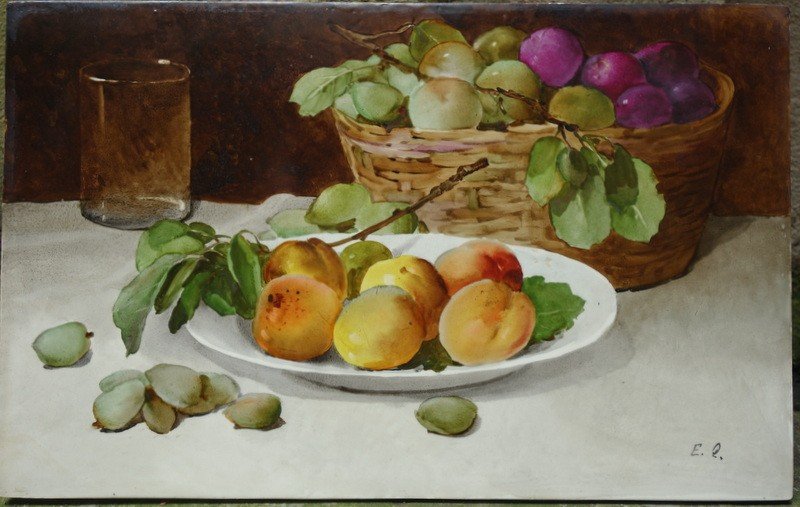 "peaches, Plums, Almonds" Painted Porcelain Plate 19th
