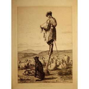 "DANS LES LANDES" Gravure par A.QUEYROY...1863