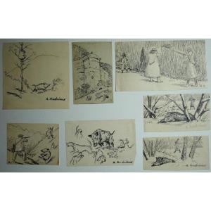 Set Of 7 "boar Hunting" Drawings By Alfred Andrieux