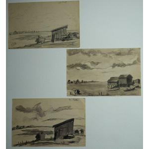 Lot Of 3 Drawings "la Teste" By Roger Bordenave ...1946