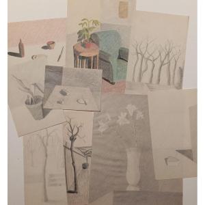 Lot 9 Drawings "still Life, Trees.." Attr M.babet Circa 1950