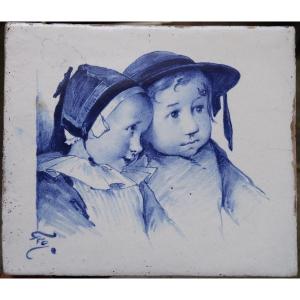 "ENFANTS" Carreau Peint et Emaillé par jules Henri GEOFFROY