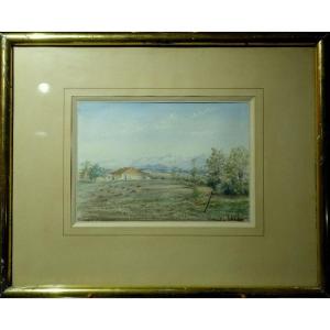 "basque House And Pyrenees" Watercolor By Karl 1882