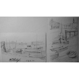 2 Drawings "the Needle On Seudre" By Ed.vales ...1954