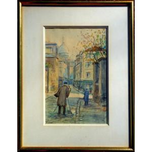 "painter In Montmartre" Watercolor By Mario (?) Around 1950/60