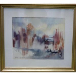 "winter Landscape" Watercolor By Ryton Cazenave ...1978