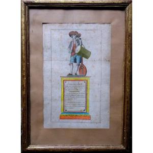 "the Musician" Watercolor Engraving And Frame ....18th Century