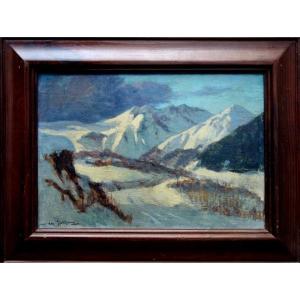 "FIN de JOUR sur MONTAGNES ENNEIGEES " Signé et Daté 1937