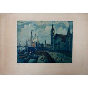 "Le PORT d'ANVERS " Aquatinte de P.M.ROY vers 1900