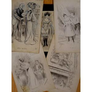 Lot de 5 "DESSINS HUMORISTIQUES" par GIL BAER vers 1910