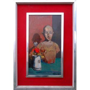 "NATURE MORTE au BUSTE en BOIS"  Signature Non Déchiffrée vers 1960