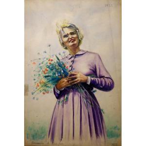 "FEMME a la Brassée de FLEURS" Aquarelle .... 1932