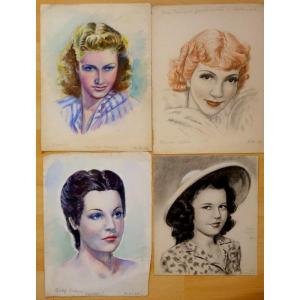 4 "PORTRAITS d'ACTRICES CELEBRES " Dessin, Aquarelle ...1944
