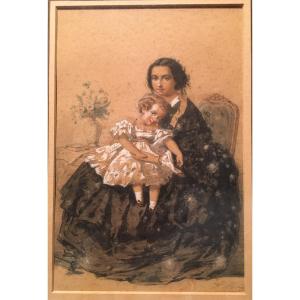 "FEMME et ENFANT " Aquarelle par Eugénie MORIN vers 1860
