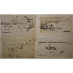 4 "CHASSES ;CHEVREUIL,ALOUETTE,LAPIN,PERDRIX" par Alfred ANDRIEUX 