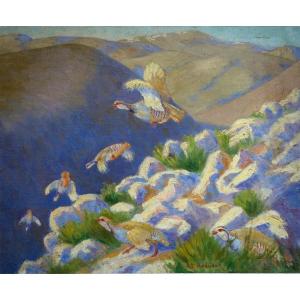 "PERDRIX ROUGES en MONTAGNE" par Alfred ANDRIEUX ...1924