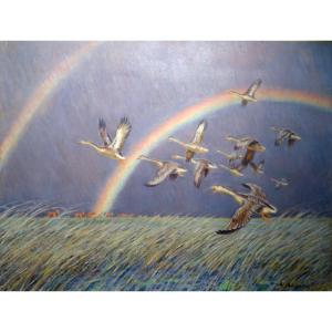"VOL d'OIES  en Briére "par Alfred ANDRIEUX vers 1930