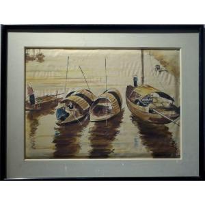 "BATEAUX VIETNAMIENS" Soie Signée et Tampon...Indochine vers 1950