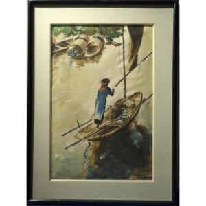 "Vietnamienne sur son Bateau" Soie Signée et Tampon ,INDOCHINE 1950
