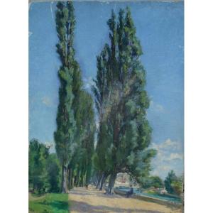 "riverbank With Trees" Signed Painting, Circa 1930