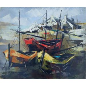 "colorful Boats" By Jean Amiot ... Brittany, Circa 1960